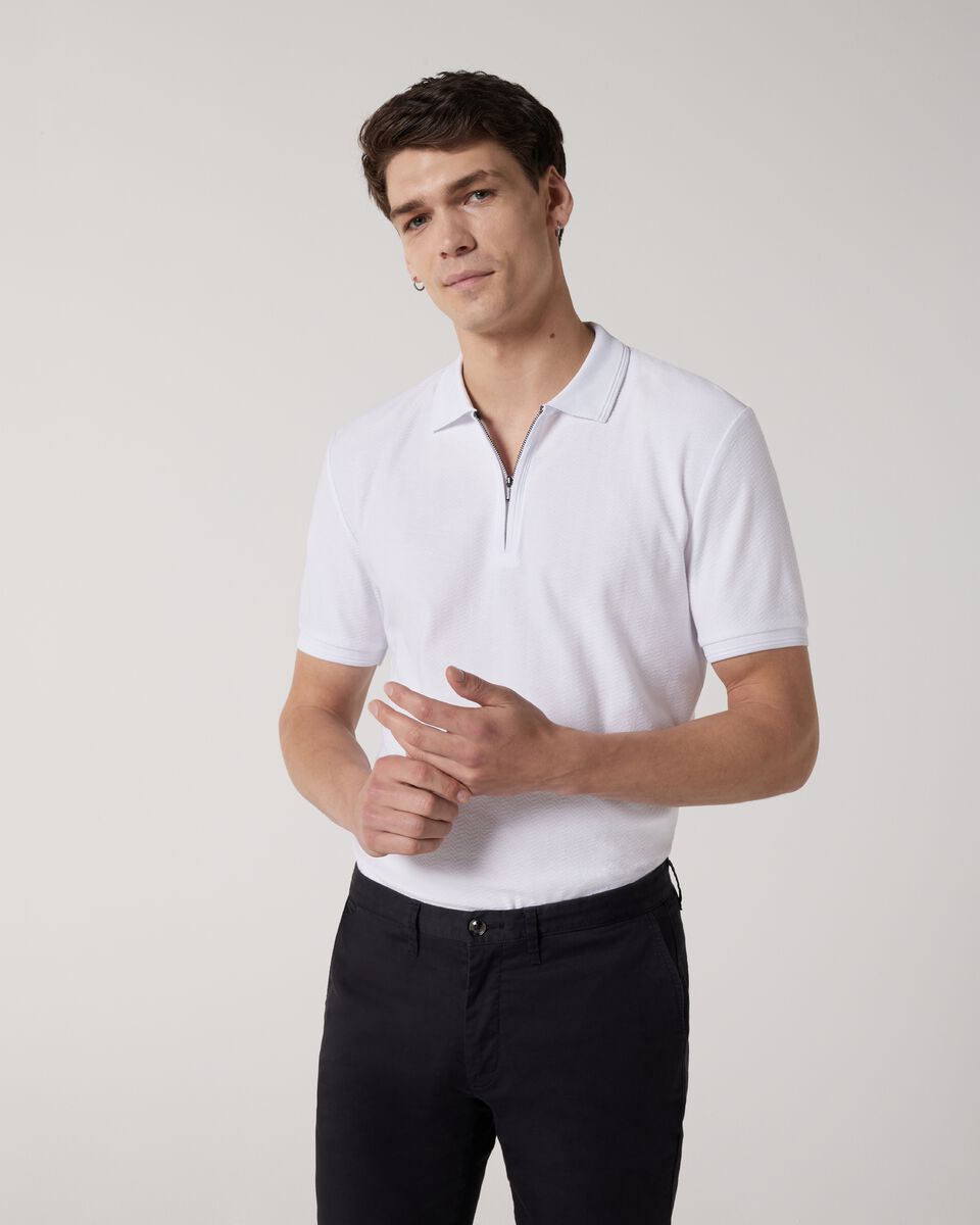 Textured Zip-up Polo, White, hi-res